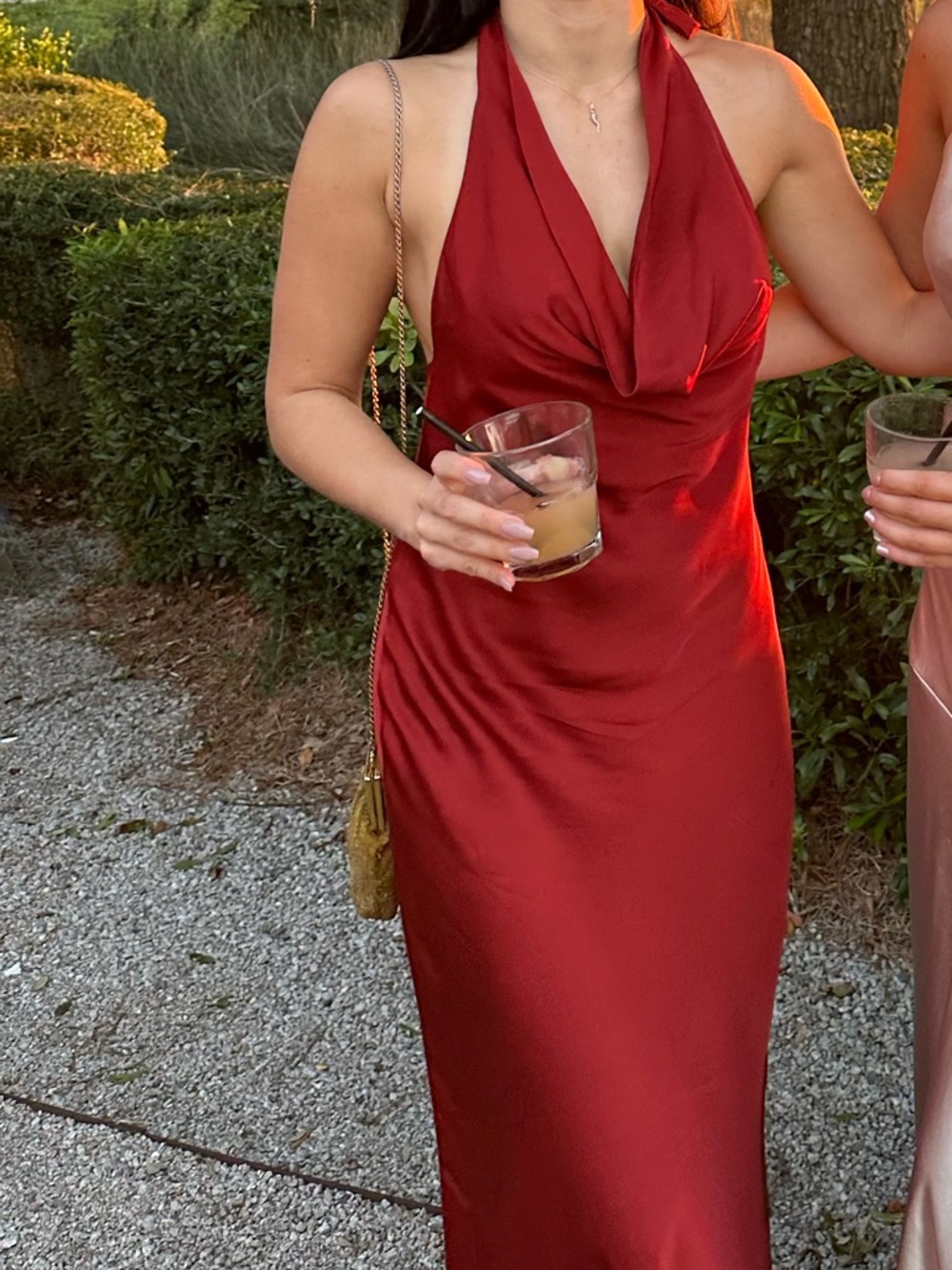 Elegant Satin Halter Evening Dress - Red